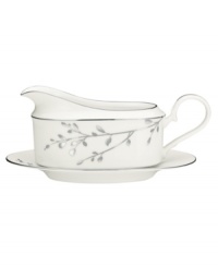 Birch branches grow around this pure white porcelain gravy boat and tray, turning formal tables into serene landscapes. A contemporary design refined in polished platinum with a breezy, all-natural beauty. From Noritake's collection of serveware and serving dishes. Birch branches grow around this pure white porcelain gravy boat and tray, turning formal tables into serene landscapes. A contemporary design refined in polished platinum with a breezy, all-natural beauty. From Noritake's collection of serveware and serving dishes.