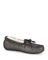 Slip into something more comfortable. This luxe shearling-lined slipper is rendered in soft suede with glittery coating. Slip into something more comfortable. This luxe shearling-lined slipper is rendered in soft suede with glittery coating.