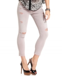 Get ripped in these ankle-length, five-pocket skinny jeans from GUESS?: a destroyed take on the season's colored denim trend! Get ripped in these ankle-length, five-pocket skinny jeans from GUESS?: a destroyed take on the season's colored denim trend!