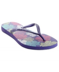 Pretty florals and bright colors are the picture of summer. The slim Allegra thong sandals by Havaianas feature a metallic thong strap that adds extra shine. Pretty florals and bright colors are the picture of summer. The slim Allegra thong sandals by Havaianas feature a metallic thong strap that adds extra shine.