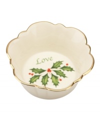 Made with love. This tiny porcelain dish from Lenox's collection of serveware and serving dishes is trimmed with gold and a holly motif to match the beloved Holiday dinnerware collection. Made with love. This tiny porcelain dish from Lenox's collection of serveware and serving dishes is trimmed with gold and a holly motif to match the beloved Holiday dinnerware collection.