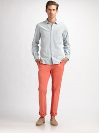 Casual twill pant gets a vibrant update in modern-fitting, garment dyed cotton.Flat-front styleSide slash, back welt pocketsFront coin pocketInseam, about 32CottonMachine washImported Casual twill pant gets a vibrant update in modern-fitting, garment dyed cotton.Flat-front styleSide slash, back welt pocketsFront coin pocketInseam, about 32CottonMachine washImported