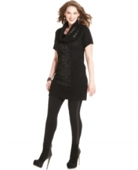 Light up your fall lineup with Extra Touch's plus size tunic sweater, featuring a metallic front. Light up your fall lineup with Extra Touch's plus size tunic sweater, featuring a metallic front.