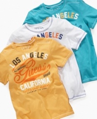 Give a shout-out to West coast style. Keep him comfortable in a laid-back look with this graphic t-shirt from Guess. Give a shout-out to West coast style. Keep him comfortable in a laid-back look with this graphic t-shirt from Guess.