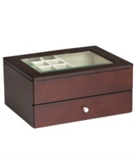 Keep tabs on your expanding jewelry collection with a box crafted of beautiful mahogany and outfitted with a glass lid and storage drawer. Divided sections inside separate bracelets from chains, earrings from pendants. Keep tabs on your expanding jewelry collection with a box crafted of beautiful mahogany and outfitted with a glass lid and storage drawer. Divided sections inside separate bracelets from chains, earrings from pendants.