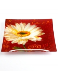 Put a Parisian twist on your favorite recipes with this glass platter from Prima Designs' collection of serveware and serving dishes. French script and a fresh white daisy set the scene with European charm. Put a Parisian twist on your favorite recipes with this glass platter from Prima Designs' collection of serveware and serving dishes. French script and a fresh white daisy set the scene with European charm.