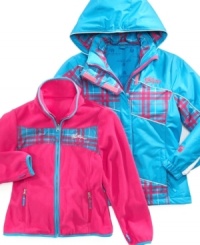 She can wear this Weatherproof jacket or fleece alone or zip the fleece into the shell to customize her cold-weather look. She can wear this Weatherproof jacket or fleece alone or zip the fleece into the shell to customize her cold-weather look.