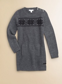 Textured stitching and lacy Fair Isle snowflakes turn a cozy sweater dress of fine merino wool into a wintry wonder.Ribbed crewneck with decorative buttons at one shoulderSnowflake intarsia chest borderPullover stylingWaffle-stitched frontLong smooth sleeves with ribbed cuffsFront kangaroo pocketRibbed hemSmooth backWoolHand washImported Please note: Number of buttons may vary depending on size ordered. Textured stitching and lacy Fair Isle snowflakes turn a cozy sweater dress of fine merino wool into a wintry wonder.Ribbed crewneck with decorative buttons at one shoulderSnowflake intarsia chest borderPullover stylingWaffle-stitched frontLong smooth sleeves with ribbed cuffsFront kangaroo pocketRibbed hemSmooth backWoolHand washImported Please note: Number of buttons may vary depending on size ordered.