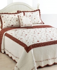 Whimsical florals in delicate embroidery cascade across crisp cotton quilting in this Silkroad bedspread. The reverse presents a rich pattern of taupe florals over burgundy ground, offering a warm color alternative for any setting. Whimsical florals in delicate embroidery cascade across crisp cotton quilting in this Silkroad bedspread. The reverse presents a rich pattern of taupe florals over burgundy ground, offering a warm color alternative for any setting.