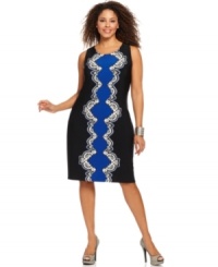 Wow them at work in Alfani's sleeveless plus size dress, highlighted by a slenderizing scarf print. Wow them at work in Alfani's sleeveless plus size dress, highlighted by a slenderizing scarf print.