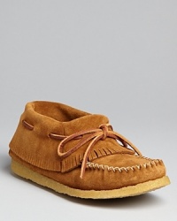These cute Eastland 1955 Edition moccasin booties offer retro styling in an ultra-comfortable silhouette. Whipstiched rawhide laces set off the cuffs. These cute Eastland 1955 Edition moccasin booties offer retro styling in an ultra-comfortable silhouette. Whipstiched rawhide laces set off the cuffs.
