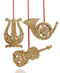 Play a sweet tune. Ring in the holiday season with the golden glimmer of these Musical Instrument ornaments. With red ribbon hanging thread. Play a sweet tune. Ring in the holiday season with the golden glimmer of these Musical Instrument ornaments. With red ribbon hanging thread.