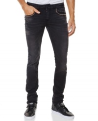 These jeans from Marc Ecko Cut & Sew add some studly swagger to your denim look. These jeans from Marc Ecko Cut & Sew add some studly swagger to your denim look.