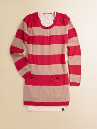 An ultra-cozy striped knit with a soft inner jersey tank dress for extra comfort. Scoopneck with button detailLong sleevesRibbed trim at neckline, cuffs, pockets and hemFront button slash pocketsPull-on style80% cotton/20% woolMachine washImported An ultra-cozy striped knit with a soft inner jersey tank dress for extra comfort. Scoopneck with button detailLong sleevesRibbed trim at neckline, cuffs, pockets and hemFront button slash pocketsPull-on style80% cotton/20% woolMachine washImported