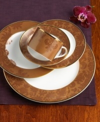 Inspired by intricately detailed ancient textiles, the sienna and copper-hued Damask Copper place settings add rich flourish to any home. Overlapping border designs whimsically break from tradition for a touch of modern intrigue. Inspired by intricately detailed ancient textiles, the sienna and copper-hued Damask Copper place settings add rich flourish to any home. Overlapping border designs whimsically break from tradition for a touch of modern intrigue.