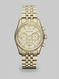 An elegant goldtone finish and high-tech chronograph performance give this stunning watch its timeless appeal.Quartz movementWater resistant to 10 ATMGoldtone stainless steel round case, 38mm diameter (1.5)Textured bezelLight champagne dialOversized Roman numerals and bar hour markersThree chronograph sub dialsSecond handDate window at 6:00Textured link braceletImported An elegant goldtone finish and high-tech chronograph performance give this stunning watch its timeless appeal.Quartz movementWater resistant to 10 ATMGoldtone stainless steel round case, 38mm diameter (1.5)Textured bezelLight champagne dialOversized Roman numerals and bar hour markersThree chronograph sub dialsSecond handDate window at 6:00Textured link braceletImported