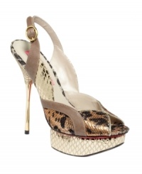 A collision of sheen, texture, and print make the Twantty peep toe slingbacks by Betsey Johnson one amazingly sexy shoe. A collision of sheen, texture, and print make the Twantty peep toe slingbacks by Betsey Johnson one amazingly sexy shoe.