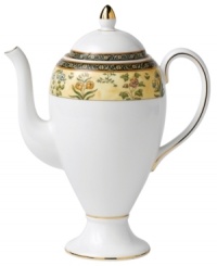 The exotic India dinnerware pattern presents a pattern of exquisitely detailed florals on a yellow and deep blue band against pure white bone china. The exotic India dinnerware pattern presents a pattern of exquisitely detailed florals on a yellow and deep blue band against pure white bone china.