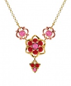 European Style Y-Necklace by Lucia Costin Embellished with 4 Petal Flowers, Dots, Twisted Lines, Pink and Red Swarovski Crystals; 24K Yellow and Pink Gold over .925 Sterling Silver; Handmade in USA