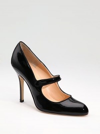 A classic Mary Jane style of shiny patent leather.Patent heel, 4 (100mm) Button strap Leather lining and sole Padded insole ImportedOUR FIT MODEL RECOMMENDS ordering one half size up as this style runs small. A classic Mary Jane style of shiny patent leather.Patent heel, 4 (100mm) Button strap Leather lining and sole Padded insole ImportedOUR FIT MODEL RECOMMENDS ordering one half size up as this style runs small.