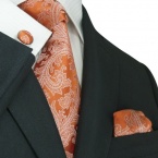 Landisun 77C Bright Orange Paisleys Mens Silk Tie Set: Tie+Hanky+Cufflinks