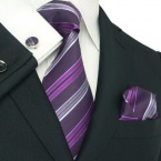 LANDISUN 58E PURPLE STRIPE TIE SET:TIE+HANKY+CUFFLINKS