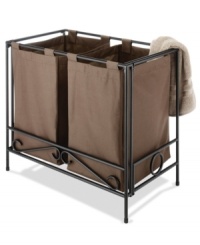 In a class of its own, this laundry sorter adds a touch of sophistication to an everyday routine. Crafted from durable wrought iron, this double hamper makes sorting your colors and your whites look good. The folding design and velcro-looped brown laundry bags are perfect for easy storage and quick convenience. 1-year warranty. In a class of its own, this laundry sorter adds a touch of sophistication to an everyday routine. Crafted from durable wrought iron, this double hamper makes sorting your colors and your whites look good. The folding design and velcro-looped brown laundry bags are perfect for easy storage and quick convenience. 1-year warranty.