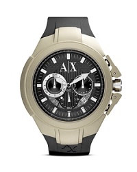 A futuristic take on functional style, this Armani Exchange watch features a chunky, over-sized dial, accented by a stylized three-eye chronograph. A futuristic take on functional style, this Armani Exchange watch features a chunky, over-sized dial, accented by a stylized three-eye chronograph.