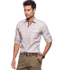 The ideal shirt to complement your happy hour look, this woven from Marc Ecko Cut & Sew is a casual staple. The ideal shirt to complement your happy hour look, this woven from Marc Ecko Cut & Sew is a casual staple.