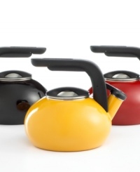 Beautiful, modern design that looks stunning on the stovetop and during service. This richly colored, enameled porcelain tea kettle from KitchenAid features an innovative design that places the spout lever right in the palm of your hand for a quick, easy pour. Limited lifetime warranty. Beautiful, modern design that looks stunning on the stovetop and during service. This richly colored, enameled porcelain tea kettle from KitchenAid features an innovative design that places the spout lever right in the palm of your hand for a quick, easy pour. Limited lifetime warranty.