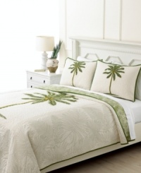 Life's a beach with Martha Stewart Collection's Palm quilt, boasting a textured face and printed palms framed by detailed stitching in palm-leaf shapes. Finished with green trim. Life's a beach with Martha Stewart Collection's Palm quilt, boasting a textured face and printed palms framed by detailed stitching in palm-leaf shapes. Finished with green trim.