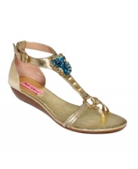 Between the nnake print leather and the bright blue tiger jewel on the vamp, Betsey Johnson's Kahluua sandals will be the most exotic pair of sandals in your closet.