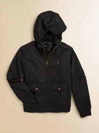 An essential bomber jacket is lightly lined and updated with a stowable hood for season-spanning protection against the elements.Stowaway hoodShoulder epaulettesMockneck collarLong sleevesFull-zip frontButton-flap patch pocketsRibbed cuffs and hemFully linedPolyesterMachine washImported An essential bomber jacket is lightly lined and updated with a stowable hood for season-spanning protection against the elements.Stowaway hoodShoulder epaulettesMockneck collarLong sleevesFull-zip frontButton-flap patch pocketsRibbed cuffs and hemFully linedPolyesterMachine washImported