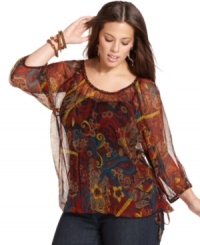 Renew your style for the season with Lucky Brand Jeans' three-quarter-sleeve plus size top, featuring a sheer paisley print.