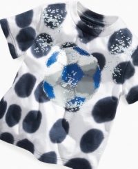 Let him become submerged in fresh style with this tie-dye soccer graphic tee from Flapdoodles. Let him become submerged in fresh style with this tie-dye soccer graphic tee from Flapdoodles.