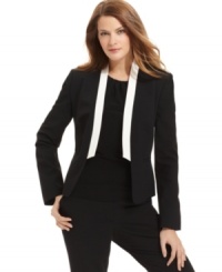 Give your ensemble a sharp, tuxedo-inspired twist with this new petite jacket from Calvin Klein, featuring a boldly contrasting front placket. Give your ensemble a sharp, tuxedo-inspired twist with this new petite jacket from Calvin Klein, featuring a boldly contrasting front placket.