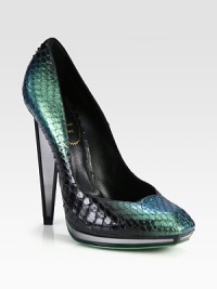 An iridescent watersnake pump with a mirrored platform and heel for modern appeal. Mirrored heel, 5¼ (130mm)Mirrored platform, ¾ (20mm)Compares to a 4½ heel (115mm)Watersnake upperSquare toeLeather lining and solePadded insoleMade in Italy An iridescent watersnake pump with a mirrored platform and heel for modern appeal. Mirrored heel, 5¼ (130mm)Mirrored platform, ¾ (20mm)Compares to a 4½ heel (115mm)Watersnake upperSquare toeLeather lining and solePadded insoleMade in Italy