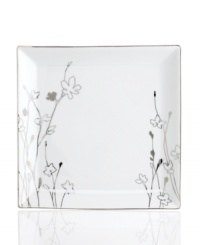 Wildflowers sparkle as they grow on the glazed white porcelain of these Platinum Silhouette Square plates from Charter Club dinnerware. The dishes have a banded edge that adds a classic touch to a pattern with modern spirit. Wildflowers sparkle as they grow on the glazed white porcelain of these Platinum Silhouette Square plates from Charter Club dinnerware. The dishes have a banded edge that adds a classic touch to a pattern with modern spirit.