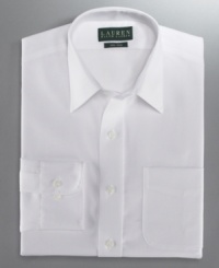 Crafted in non-iron fabric and cut with a modern fit, this updated white dress shirt from Lauren by Ralph Lauren offers a solid foundation for any guy's tailored wardrobe. Crafted in non-iron fabric and cut with a modern fit, this updated white dress shirt from Lauren by Ralph Lauren offers a solid foundation for any guy's tailored wardrobe.