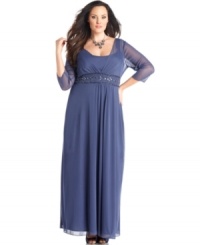 Channel timeless elegance in this plus size evening gown by Alex Evenings. Sheer details and a beaded empire waist are alluring features. Channel timeless elegance in this plus size evening gown by Alex Evenings. Sheer details and a beaded empire waist are alluring features.