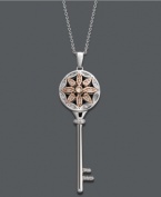 A key you'll want to keep close to your heart. An exquisite, cut-out floral pattern decorates the top of this unique pendant. Crafted in 14k rose gold and sterling silver with sparkling round-cut diamonds (1/6 ct. t.w.). Approximate length: 18 inches. Approximate drop: 1-3/4 inches.