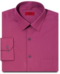 Add a blast of berry into your work-week with the warm, saturated hue of this dress shirt from Alfani RED. Add a blast of berry into your work-week with the warm, saturated hue of this dress shirt from Alfani RED.