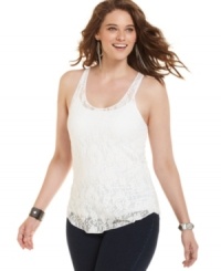 Snag a super-cute layering piece with American Rag's plus size racerback top, featuring sheer lace. Snag a super-cute layering piece with American Rag's plus size racerback top, featuring sheer lace.