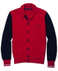 Get on board with team style in this sporty Sean John cardigan. Get on board with team style in this sporty Sean John cardigan.