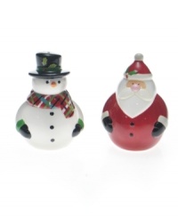 Two of the most iconic holiday characters are paired up for this hand-painted salt and pepper shaker set from the Certified International Christmas Cut-Outs collection. Two of the most iconic holiday characters are paired up for this hand-painted salt and pepper shaker set from the Certified International Christmas Cut-Outs collection.