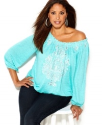 Snag chic casual style with INC's long sleeve plus size peasant top-- dress it up with trousers or down with denim! Snag chic casual style with INC's long sleeve plus size peasant top-- dress it up with trousers or down with denim!