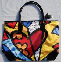 Romero Britto Large Heart Tote Bag Shiny Black Handle Purse Fashion Travel New Romero Britto Large Heart Tote Bag Shiny Black Handle Purse Fashion Travel New