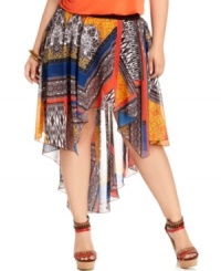 Liven up your look this season with Baby Phat's plus size skirt, finished by a striking print and high-low hem. Liven up your look this season with Baby Phat's plus size skirt, finished by a striking print and high-low hem.