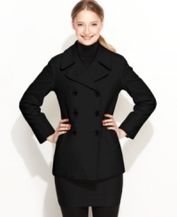 Featuring clean lines and made with a luxurious touch of cashmere, this petite pea coat from Calvin Klein is an instant classic. Featuring clean lines and made with a luxurious touch of cashmere, this petite pea coat from Calvin Klein is an instant classic.