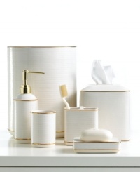 Fresh white and finely ribbed, this porcelain tissue boutique evokes spa-like serenity in your very own home. Goldtone accents add a hint of radiance. Fresh white and finely ribbed, this porcelain tissue boutique evokes spa-like serenity in your very own home. Goldtone accents add a hint of radiance.